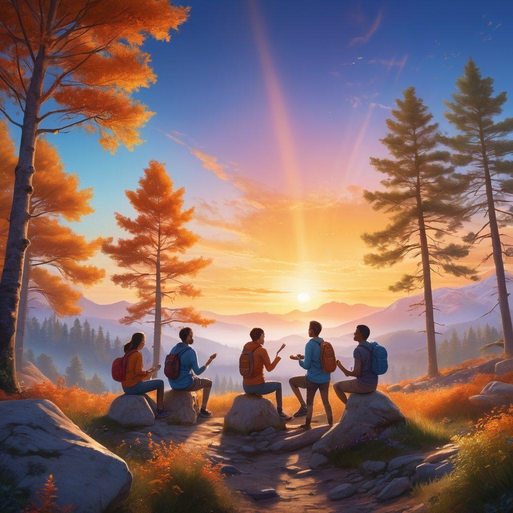 A serene scene of diverse groups of friends enjoying various activities together, such as hiking, cooking, and playing music, showcasing their joyful interactions. The background features a gradient sky that shifts from warm oranges to cool blues, symbolizing unity and harmony. Light rays filter through trees, enhancing the feeling of togetherness. super-realistic. vibrant colors. warm atmosphere.