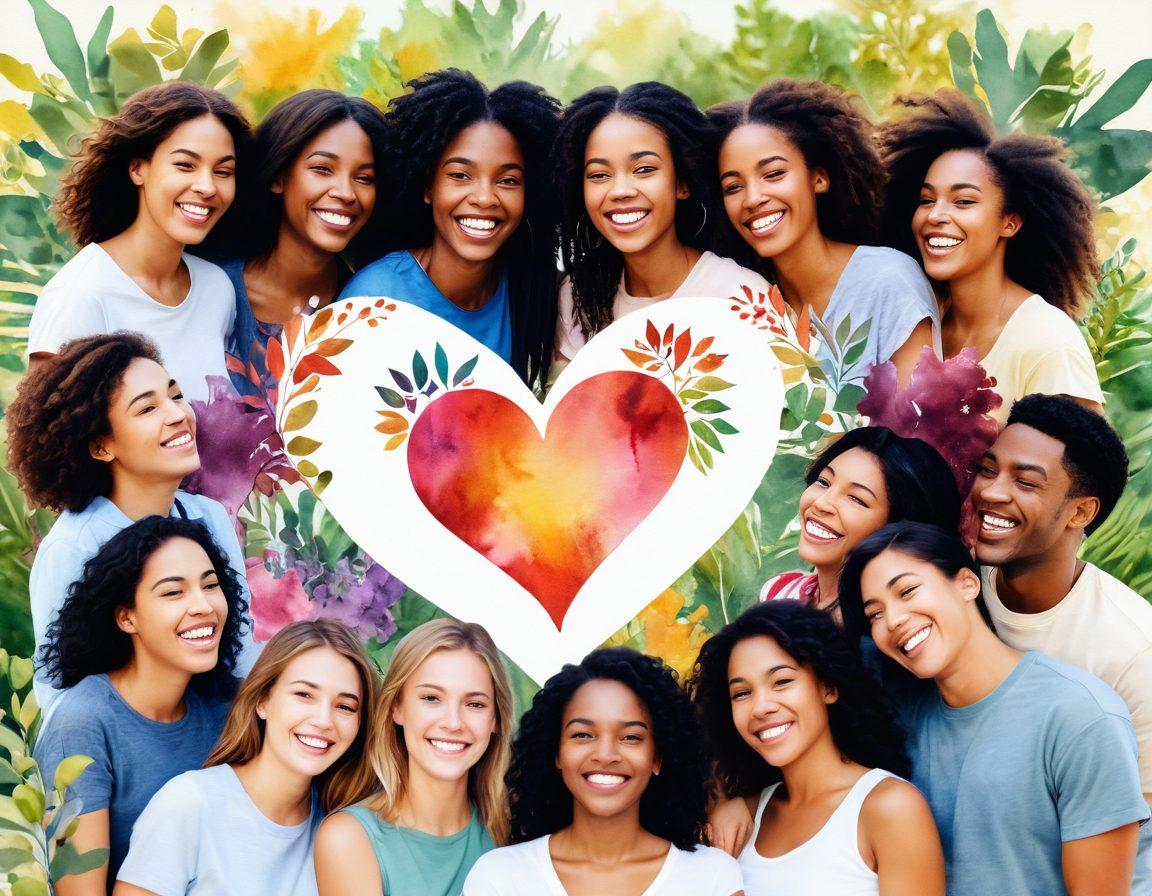 A heart-shaped collage made up of diverse friends laughing and sharing moments, with vibrant threads intertwining symbolizing emotional connections. Soft, warm lighting to evoke feelings of devotion and love, with a blurred background of nature to signify harmony. Artistic touches of watercolor for a gentle and inviting feel. super-realistic. vibrant colors. soft focus.