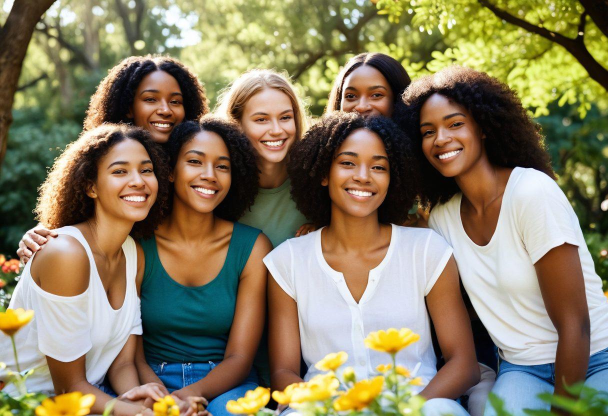 A close-knit group of diverse friends sharing a heartfelt moment in a sunlit park, surrounded by blooming flowers and lush greenery. Their expressions radiate joy and affection, symbolizing the strength of love bonds in friendship. Include warm colors to evoke a sense of comfort and connection. super-realistic. vibrant colors. natural lighting.